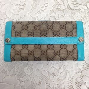 Gucci Brown Canvas -Teal Leather Trim Long Wallet